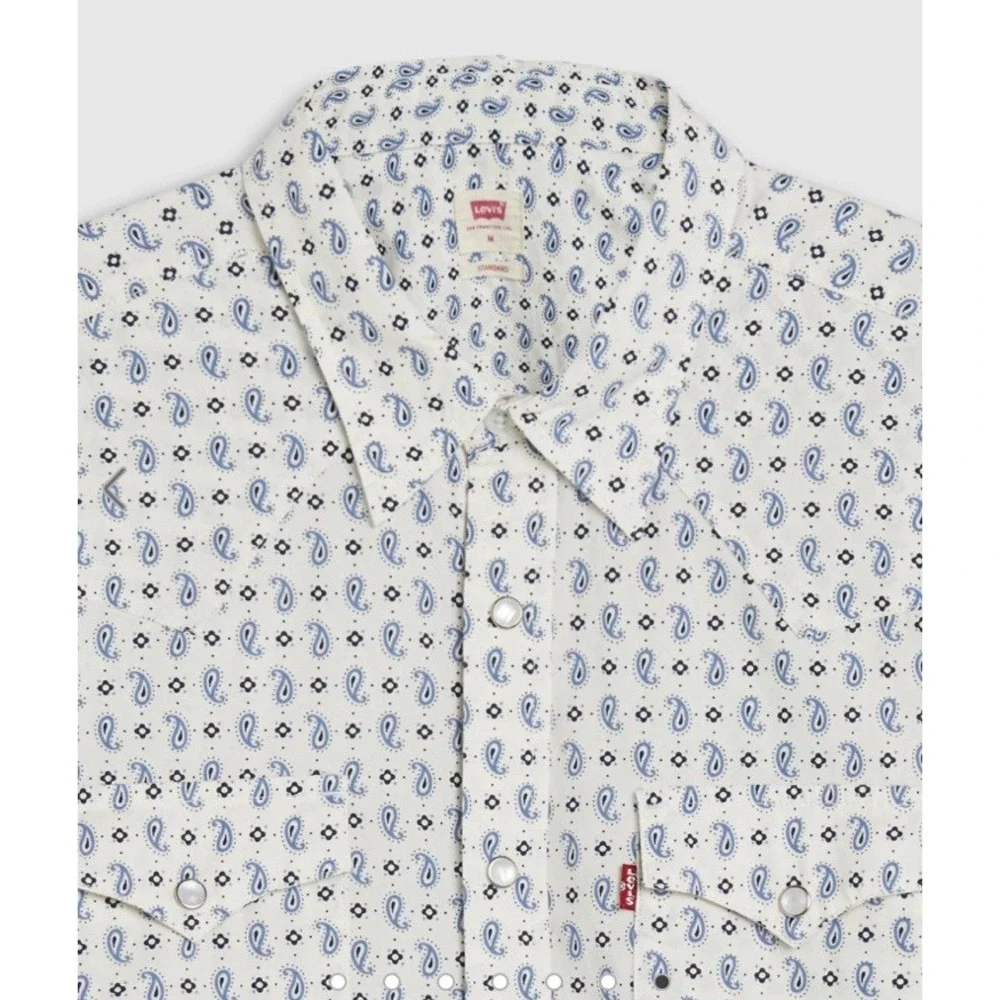 Levi's Men's L Classic Western Standard Fit Shirt‎ Pearl Snap Cream Blue Paisley